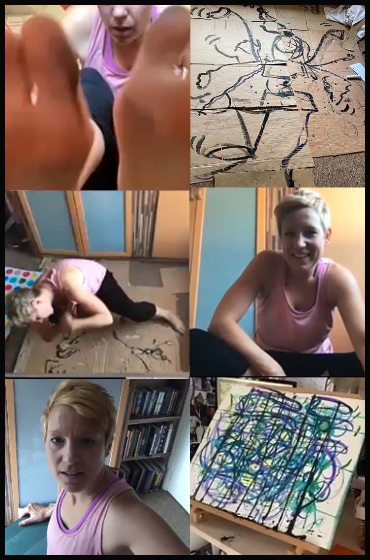 A series of 6 images from top left to bottom right. Feet, Drawing of a abstract figure, person on floor drawing, person smiling into camera, person reaching up and holding camera, abstract painting on easle.